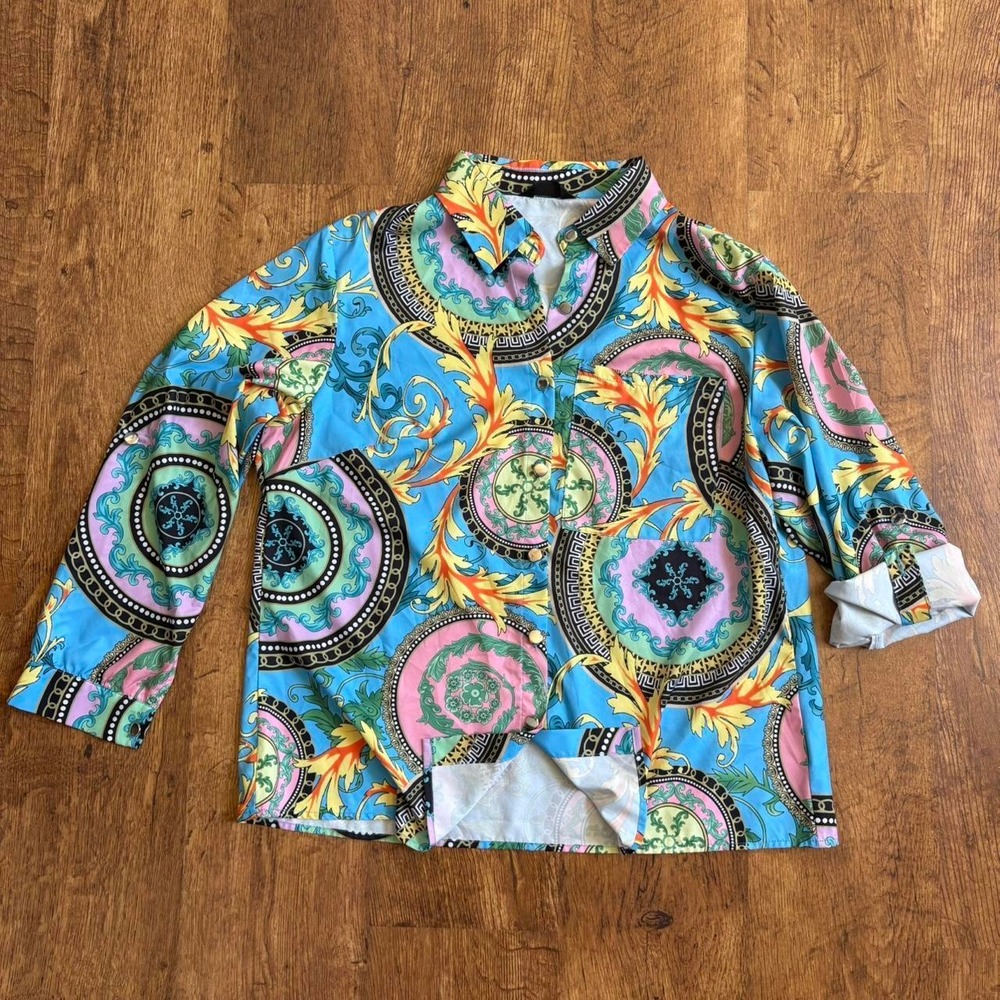 Chicme Blue Pink Baroque Patterned Shirt Plus Size 1XL Glam Y2K Long Sleeve